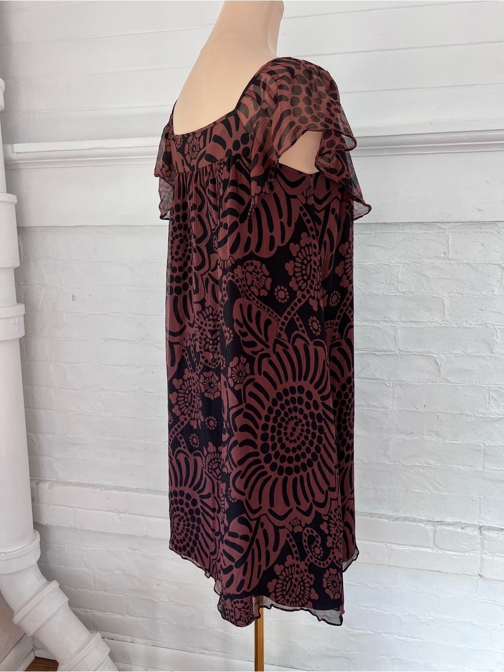 Tibi Silk Floral Flutter Sleeve Shift Dress Summer Black Brown Size 2 - Picture 5 of 10